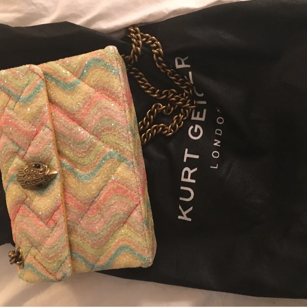 Kurt Geiger Pastel Rainbow Glitter Quilted Crossbody with Brass Chain